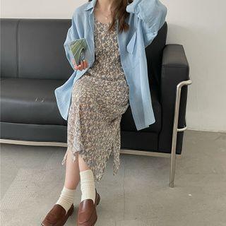 Plain Shirt / Spaghetti Strap Flower Print Midi Sheath Dress