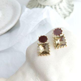 Square Faux Crystal Dangle Earring 1 Pair - 925 Silver - Dark Gold & Dark Red - One Size