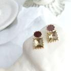 Square Faux Crystal Dangle Earring 1 Pair - 925 Silver - Dark Gold & Dark Red - One Size
