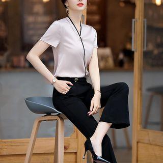 Short-sleeve Blouse / Boot-cut Dress Pants / Mini Pencil Skirt / Set
