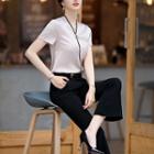 Short-sleeve Blouse / Boot-cut Dress Pants / Mini Pencil Skirt / Set