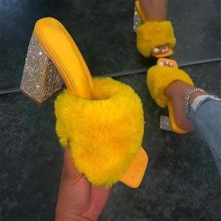 Furry Rhinestone Sandals