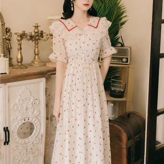 Short-sleeve Heart Print Lace Trim Collar Midi A-line Dress
