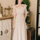 Short-sleeve Heart Print Lace Trim Collar Midi A-line Dress
