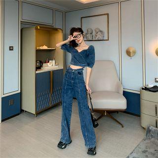 Puff-sleeve Cropped Denim Top / High-waist Wide-leg Jeans