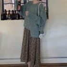 Asymmetric Hem Sweater / Floral Midi A-line Skirt