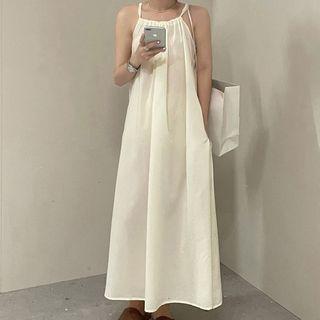 Halter-neck Shirred Midi A-line Dress Light Beige - One Size