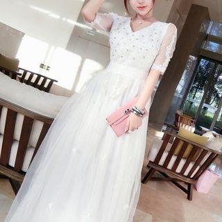 Sheer Panel Elbow-sleeve Evening Gown