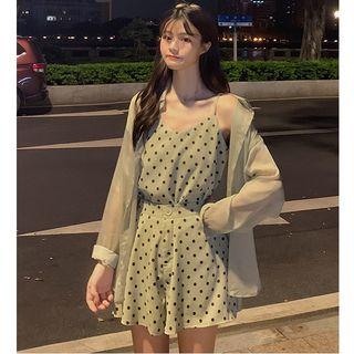 Spaghetti Strap Polka Dot Top / Wide-leg Shorts / Shirt / Set