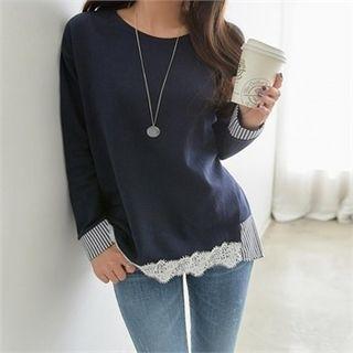Lace-trim Stripe-hem T-shirt