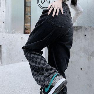 High Waist Checkered Loose Fit Jeans