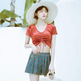Set: Short-sleeve Drawstring Tankini + Swim Skirt