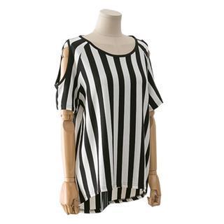 Cutout-shoulder Striped T-shirt