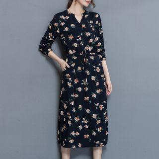 Flower Print V-neck Long-sleeve Midi A-line Dress
