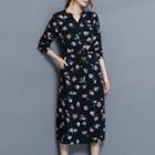 Flower Print V-neck Long-sleeve Midi A-line Dress