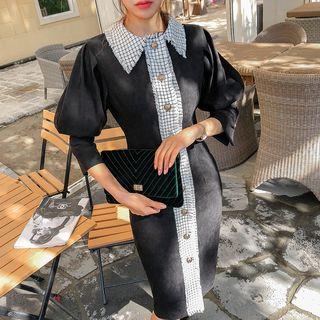 Collared Buttoned Tweed-trim Sheath Dress