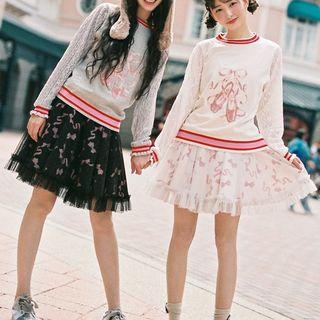 Bow Print Mesh Panel Mini A-line Skirt