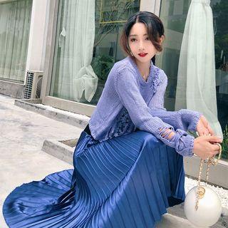 Set: Distressed Sweater + Midi Pleated Skirt