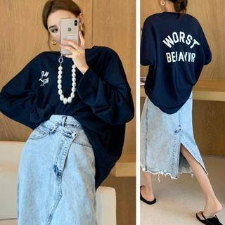 Long-sleeve Lettering Loose-fit Top / Frayed Denim Skirt