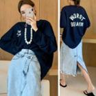 Long-sleeve Lettering Loose-fit Top / Frayed Denim Skirt