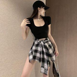 Short-sleeve Crop T-shirt / Plaid Tie-waist Culottes
