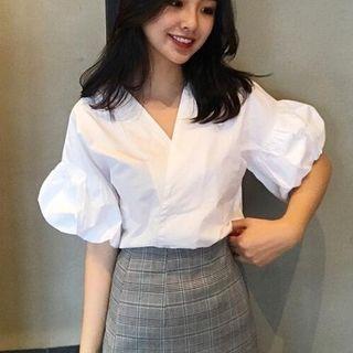 Plain V-neck Elbow Sleeve Blouse
