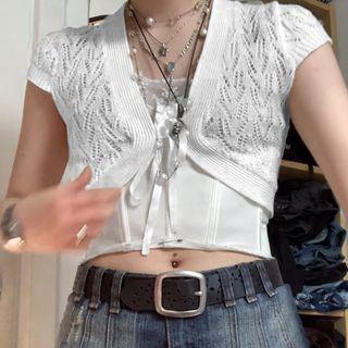 Short-sleeve Tie-front Pointelle Knit Cropped Cardigan