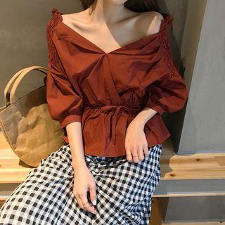 Elbow-sleeve Plain Tie-waist Blouse