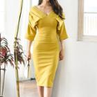 V-neck 3/4-sleeve Midi Sheath Dress
