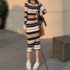Striped Long-sleeve Bodycon Knit Dress Black & White - One Size
