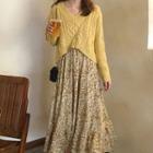 Set: Chunky Knit Sweater + Floral Long-sleeve A-line Dress