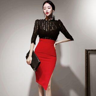 Set: 3/4-sleeve Lace Top + Slit Pencil Skirt