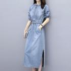 Short-sleeve Slit Denim Midi A-line Dress