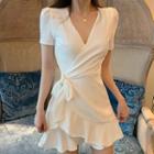 Short-sleeve Ruffle Hem Mini A-line Dress White - One Size