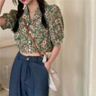 Floral Short-sleeve Cropped Blouse Green - One Size