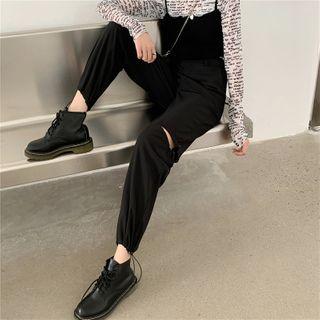 High-waist Distressed Drawstring-cuff Pants