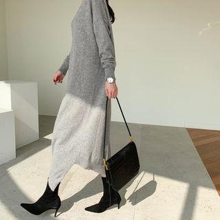 V-neck Long Knit Dress Gray - One Size