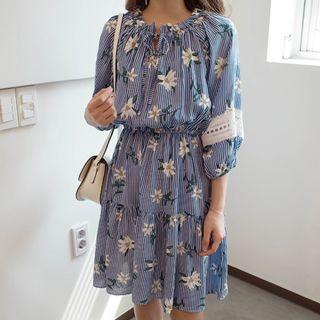 Lace-trim Striped Floral Dress