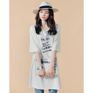 V-neck Elbow-sleeve Lettering T-shirt Dress
