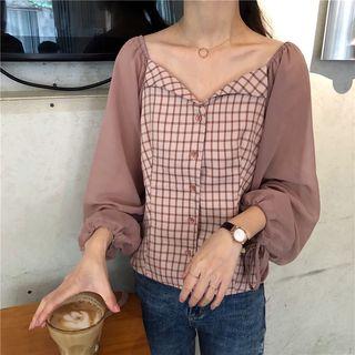 Plaid Panel Blouse Blouse - Plaid - Pink - One Size