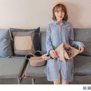 Star Print Long Sleeve Striped Shirtdress