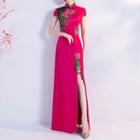 Short-sleeve Floral Embroidered Mesh Panel Maxi Qipao
