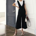 Set: V-neck Cropped Wide-leg Jumper Pants + Short-sleeve T-shirt