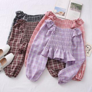 Checker Ruffled-trim Smocked Crop Top