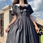 Short-sleeve Pleated Midi Dress / Bow Tie