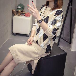 Set: Argyle Sweater + Midi Knit Skirt