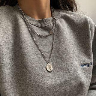 Couple Matching Coin Pendent Layered Chain Necklace Silver - One Size