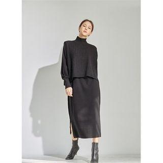 Set: High-neck Cable-knit Vest + Knit Dress Black - One Size