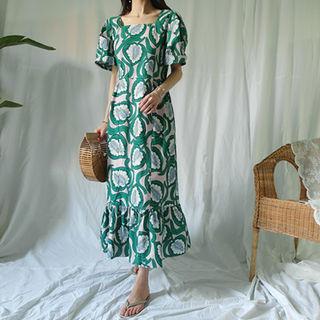 Ruffle-hem Pattern Midi Dress