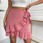 High Waist Ruffle Trim Tie-waist Plain Mini Skirt